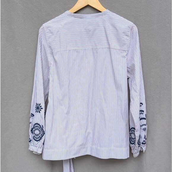 J. Crew Red/Blue Striped Embroidered Sleeves Tie Front/Back Tunic Blouse, size M - Picture 2 of 9
